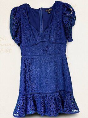 AQUA Blue Lace Puff Sleeve Mini Dress Ruffle Hem | Bloomingdale’s Exclusive | S
